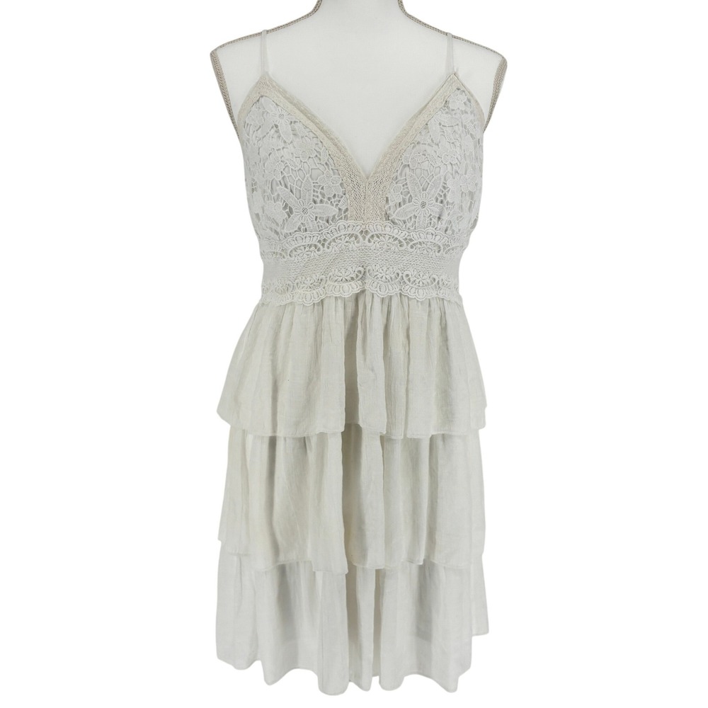 White Lace Smocked Tiered Ruffle Dress Layered Romantic Cottagecore Boho Women L